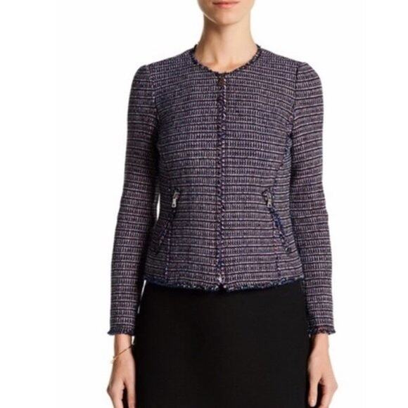 Rebecca Taylor fringe tweed zip jacket navy pink boucle work blazer - Picture 2 of 11